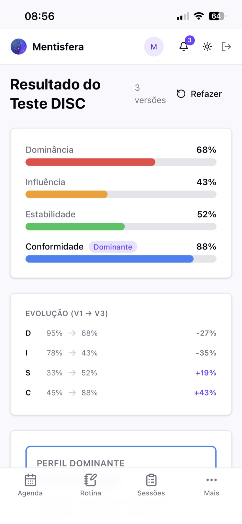 Tela do teste DISC com evolução