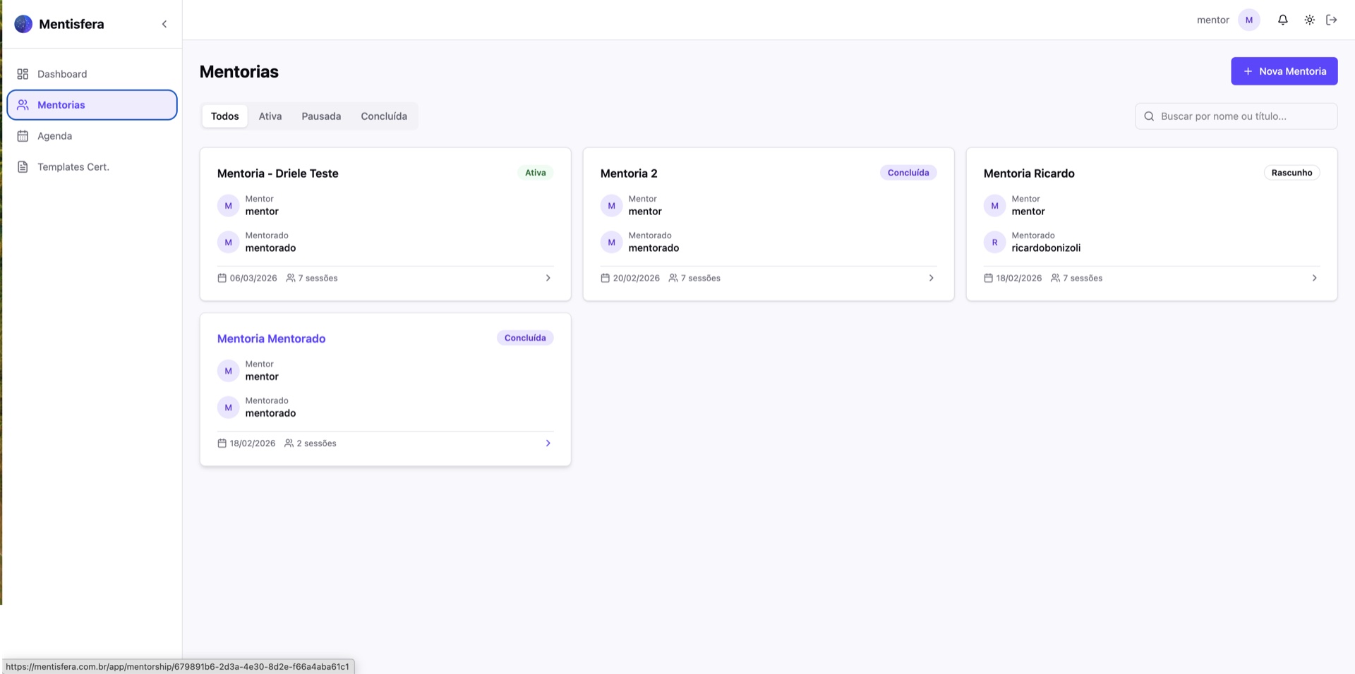 Mentisfera — lista de mentorias do mentor