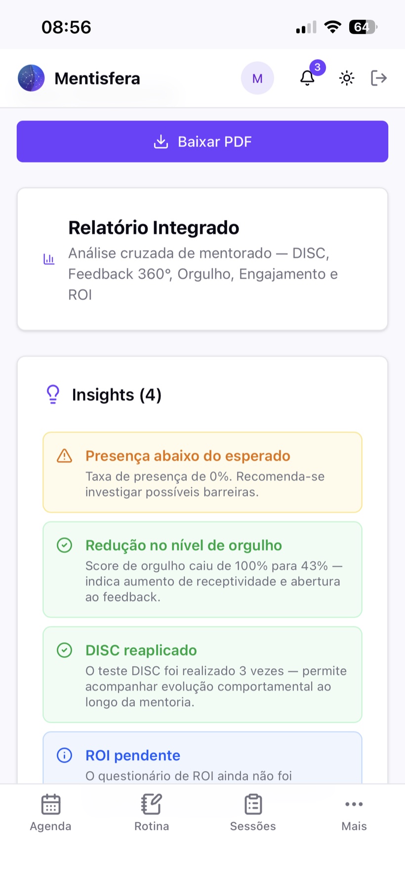 Tela do relatório integrado com PDF