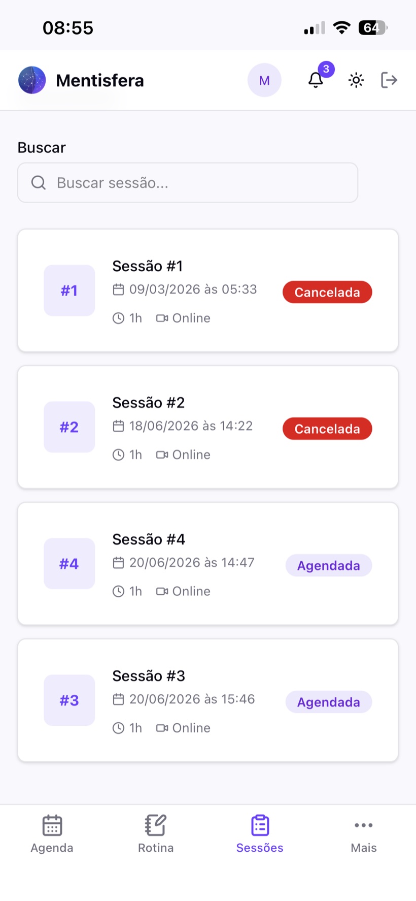 Tela de sessões