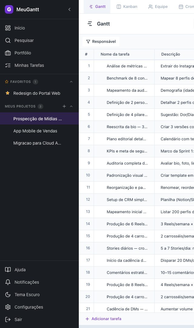 MeuGantt no celular — app de gestão
