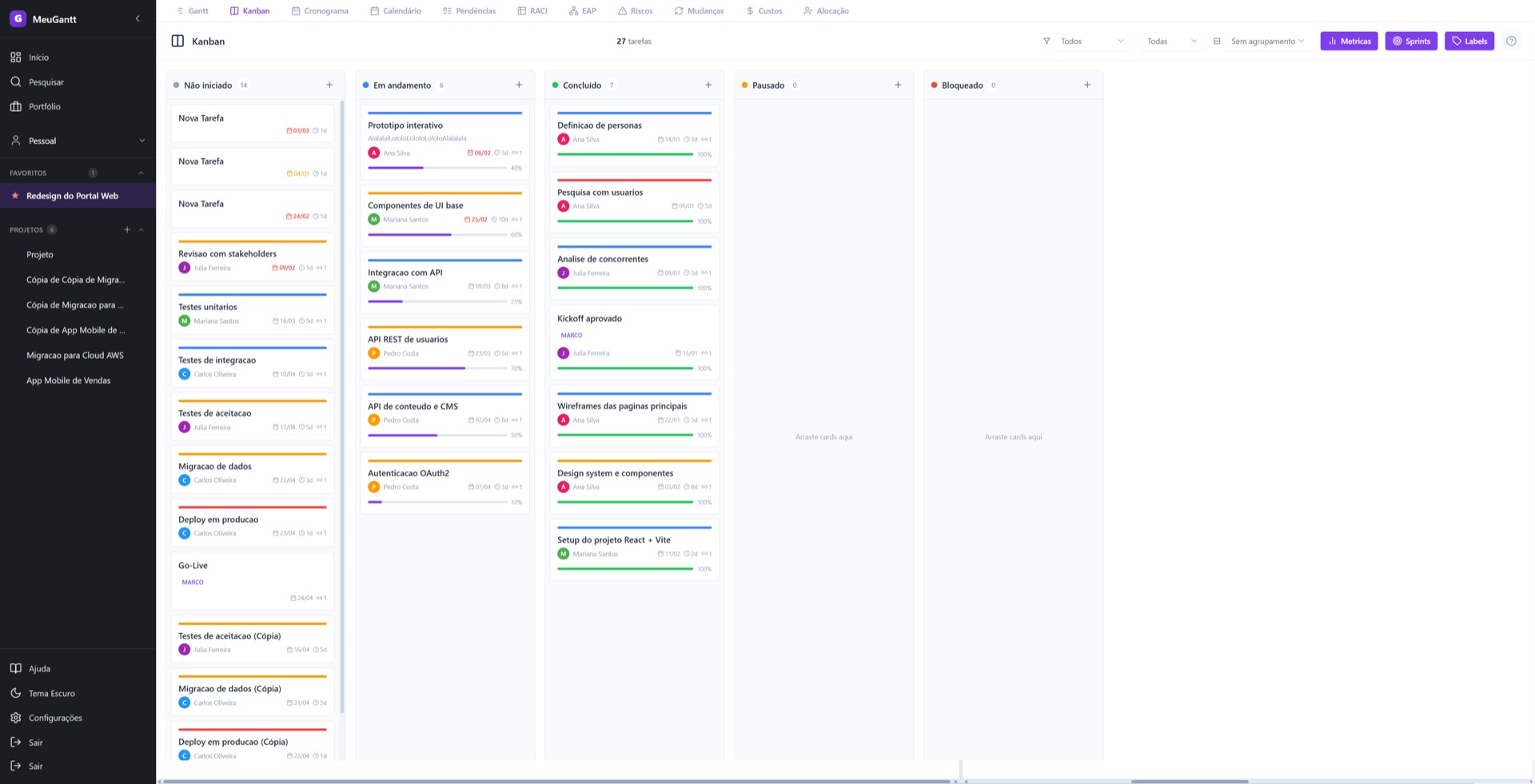 MeuGantt — quadro Kanban por sprint