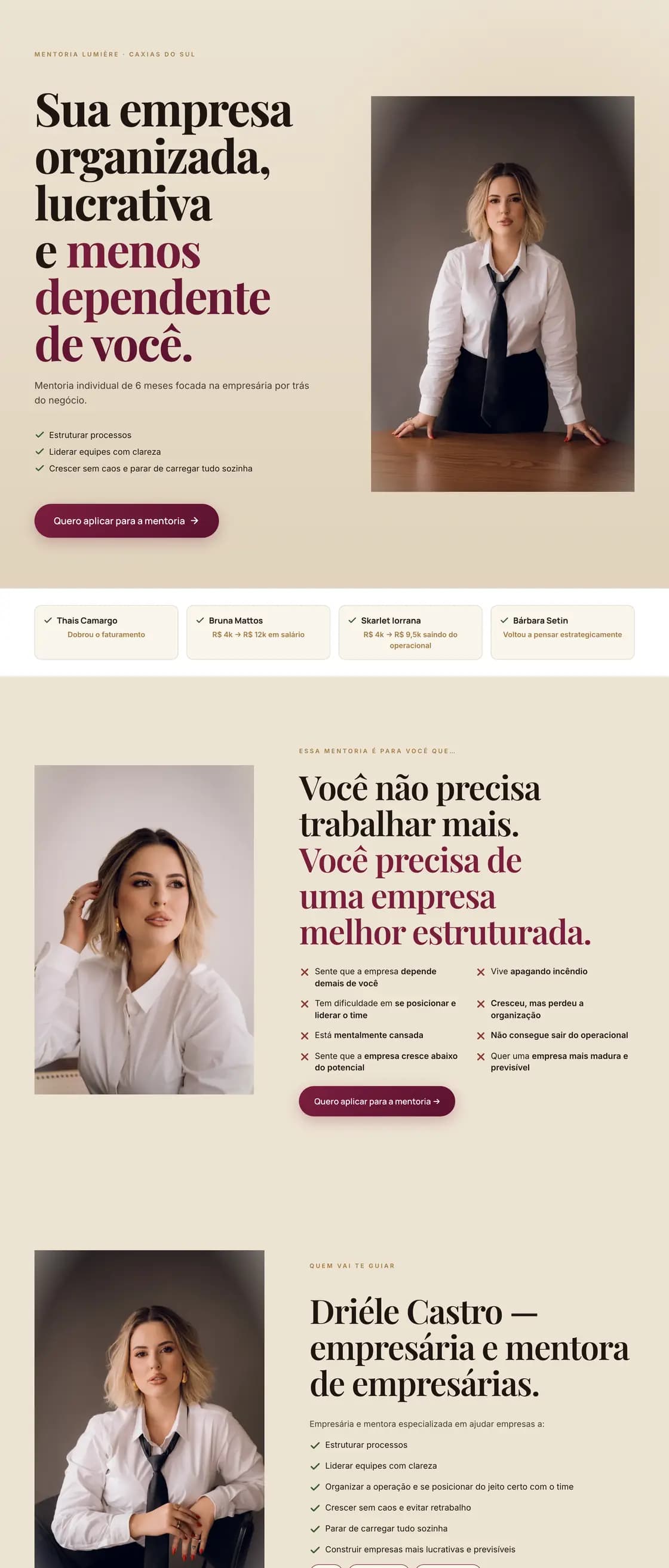 Landing page de mentoria da Driéle Castro, desenvolvida pela Lumière